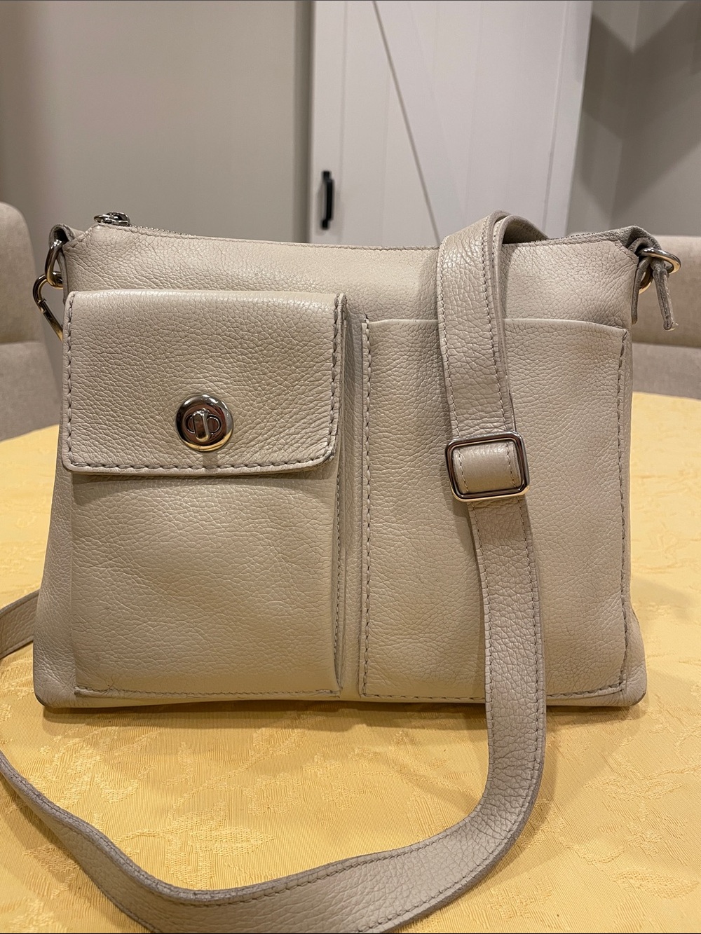 Roots Cream Leather Crossbody Bag with Front Pocket